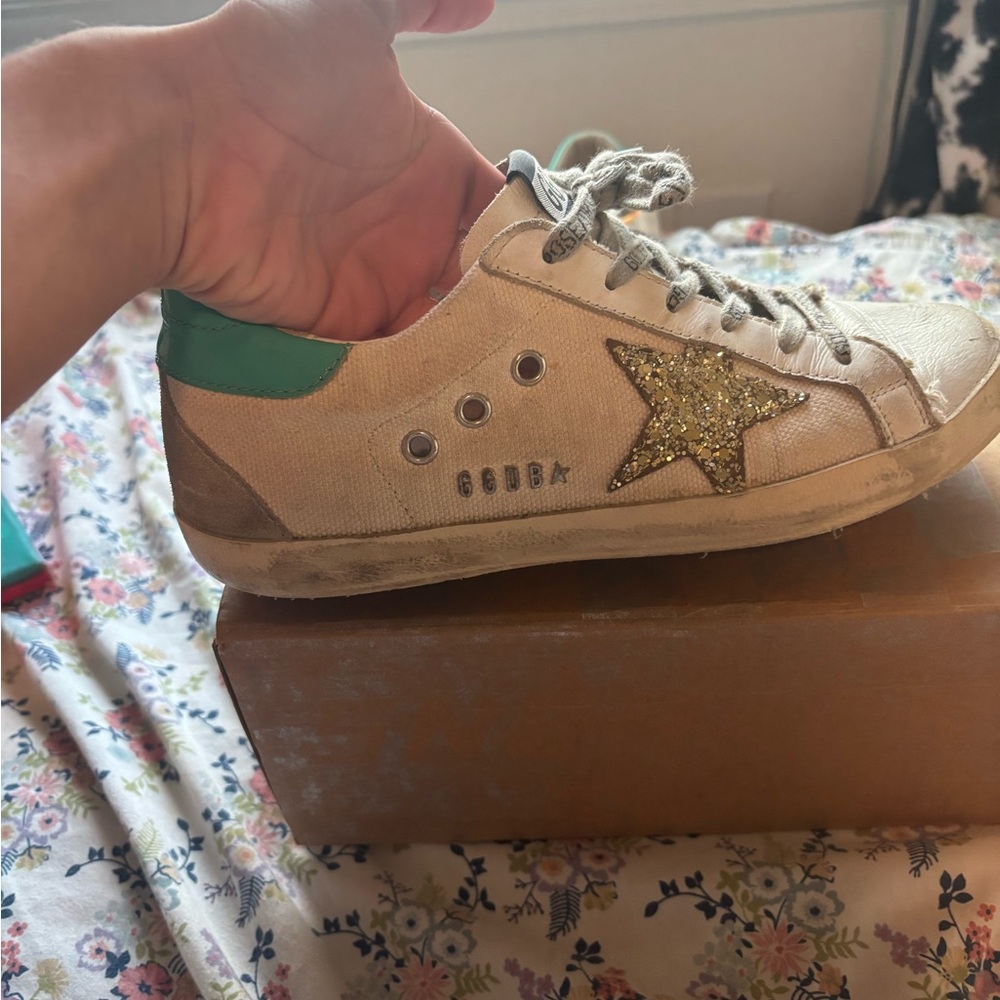 Golden Goose White Sneakers with Gold Star and Green Heel